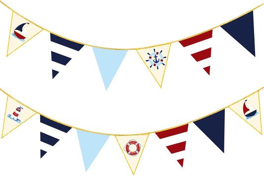 Navy Red Beige Gold Glitter Stamping Paper Pennant Banner Flag Triangle Bunting for Nautical Pirate Ahoy Achor Theme Birthday Baby Shower Wedding Let's Get Nauti Bachelorette Party Decoration Supplies