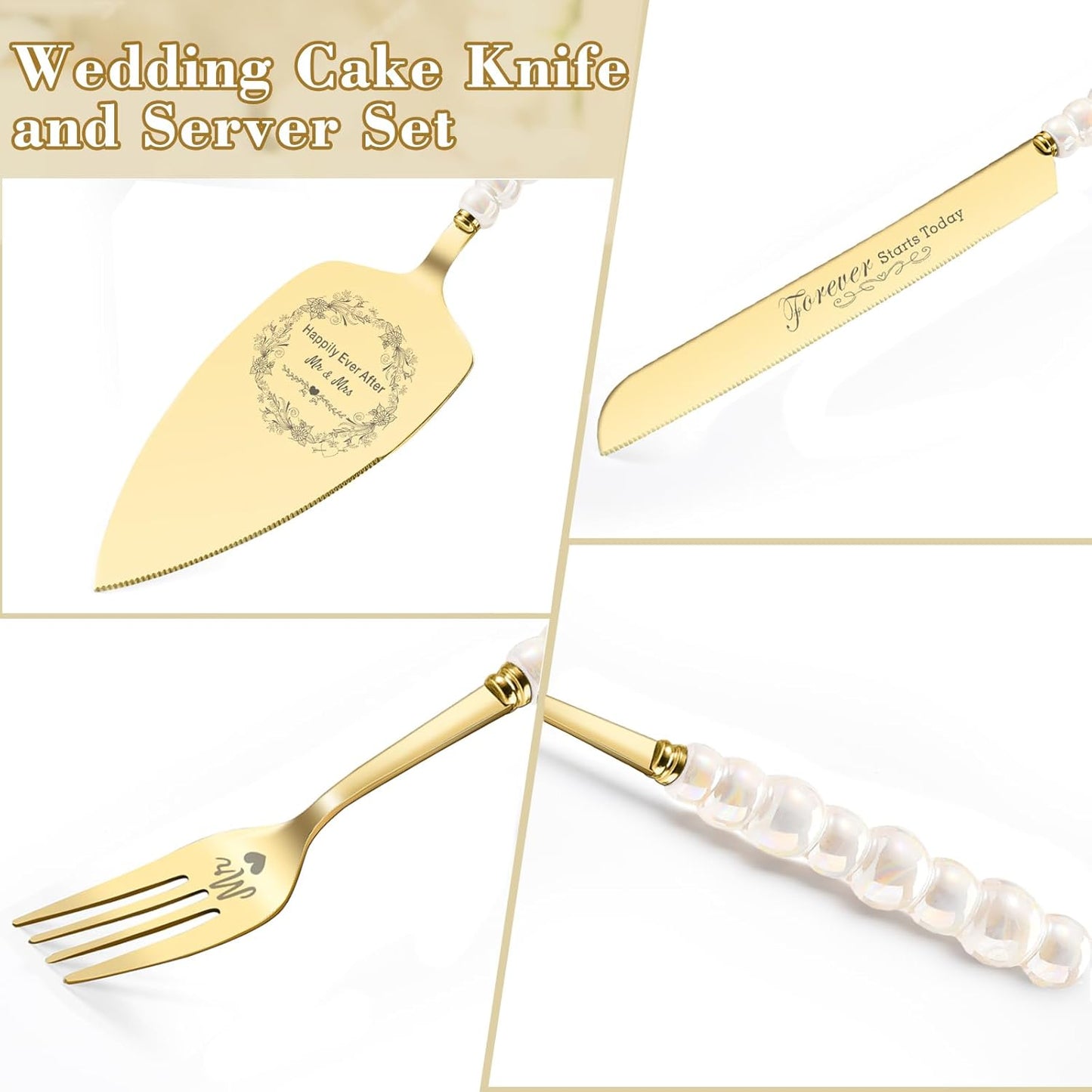 Wedding Cake Knife and Server Set,Gold Cake Cutting Set for Wedding,Ceramic Pearl Handle Wedding Cake Cutting Set for Engagements,Weddings, Anniversaries,and Engagement Gifts for Couples