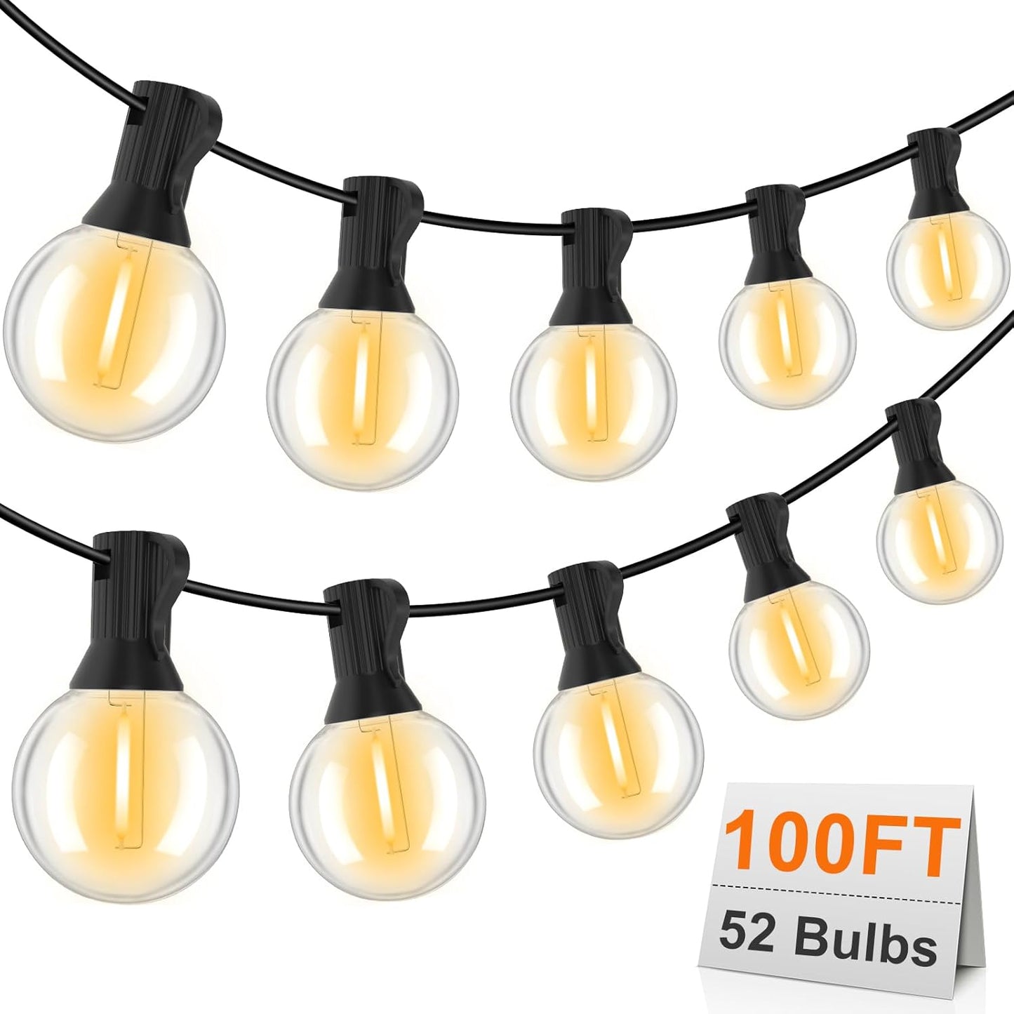 Outdoor String Lights 100FT, G40 LED Patio Lights with 52 Shatterproof Bulbs(2 Spare), All Weatherproof Hanging Lights for Outside Backyard Party Cafe Decor