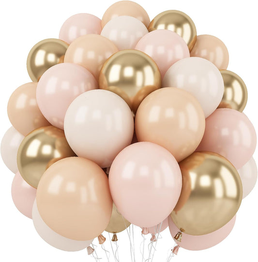 White Sand Gold Balloons Set, 12 Inch Double Stuffed Blush Beige Boho Party Balloons with Metallic Chrome Gold Neutral Cream Nude Latex Balloon for Birthday Baby Bridal Shower Wedding Party Decoration