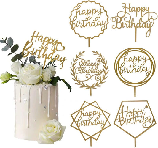 Gold Happy Birthday Cake Topper - Acrylic Cupcake Toppers Decoration Supplies (7 Pieces)