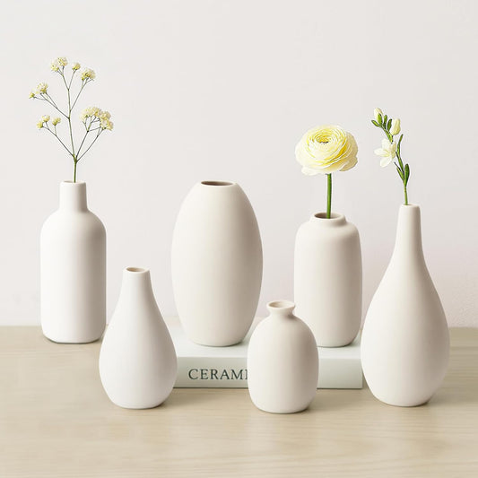 BEAHOT Ceramic Vases Set of 6, White Contemporary Decorative Flower Vases, Modern Design for Living Room