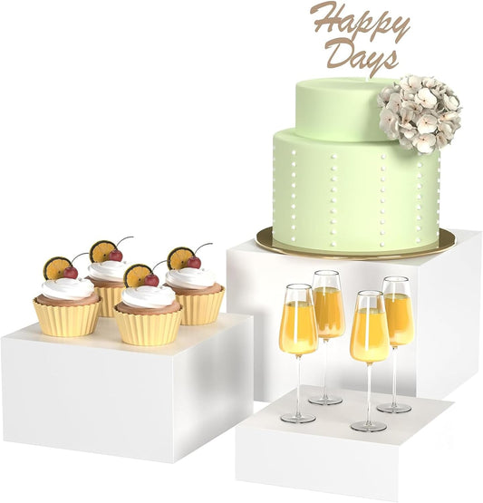 Buffet Risers, White Acrylic Cube for Buffet Table, Display Stand Shelf for Catering Dessert Collectibles Jewelry Figures Show, Food Display Nesting Risers with Hollow Bottoms, Cube, 3Pcs 10"x11"x12"