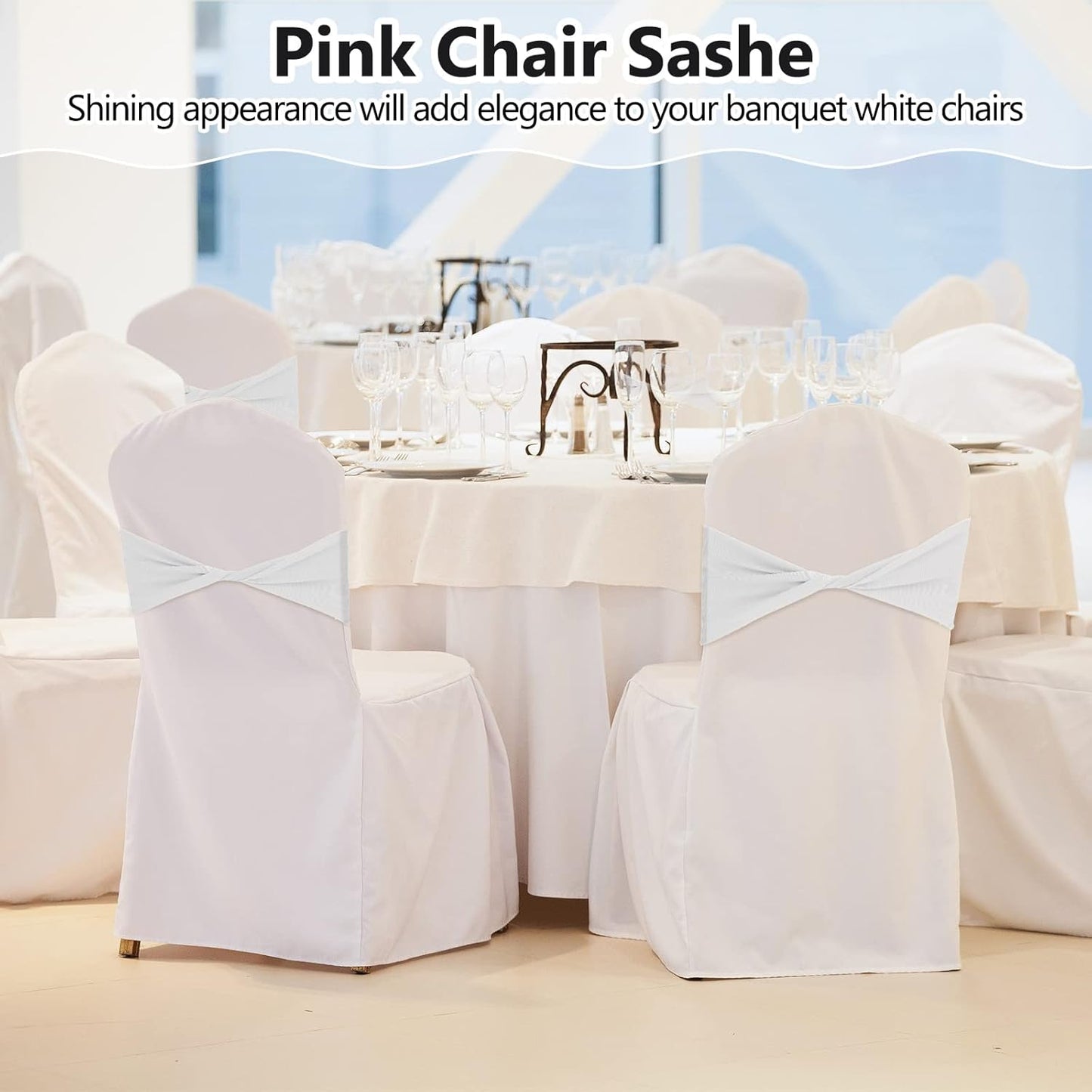 Kinlop 50 Pcs Spandex Chair Sashes Bows Chair Bands Slider Sashes for Covers Elastic Bands Ties Without Buckle Decorations for Wedding Party Events Ceremony Birthday(White)