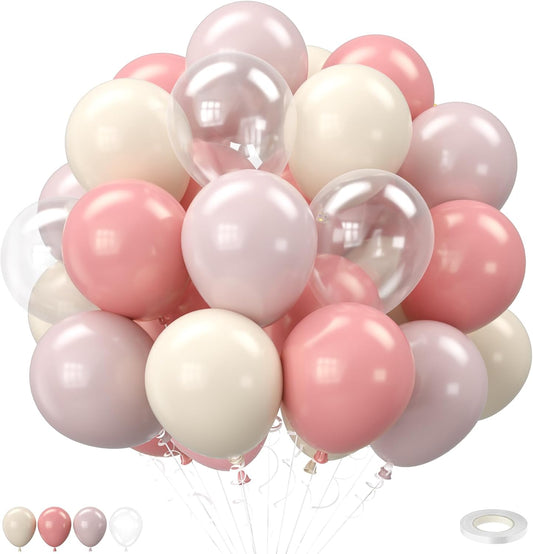 Pink and White Balloons, 12 Inch Pastel Pink Beige Cream White Clear Latex Balloon for Girls Birthday Bachelorette Party Bridal Baby Shower Party Decorations Supplies