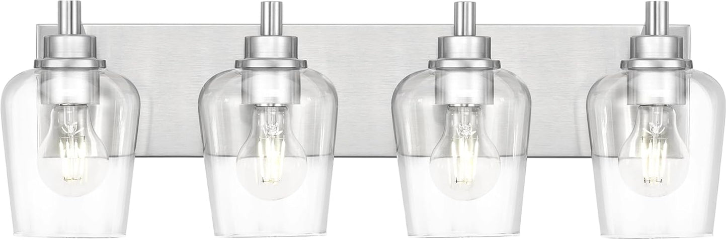 Bathroom Light Fixtures, 4-Light Modern Vanity Light with Clear Glass Wine Glass-Shaped Shade, Vanity Lighting Fixtures Over Mirror, Brushed Nickel, VL155-BN-4