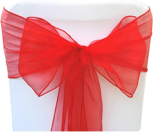 Organza Chair Bow Sash Décor Bows Sashes for Wedding Reception Events Banquets Decoration - (Pack of 25, Red)