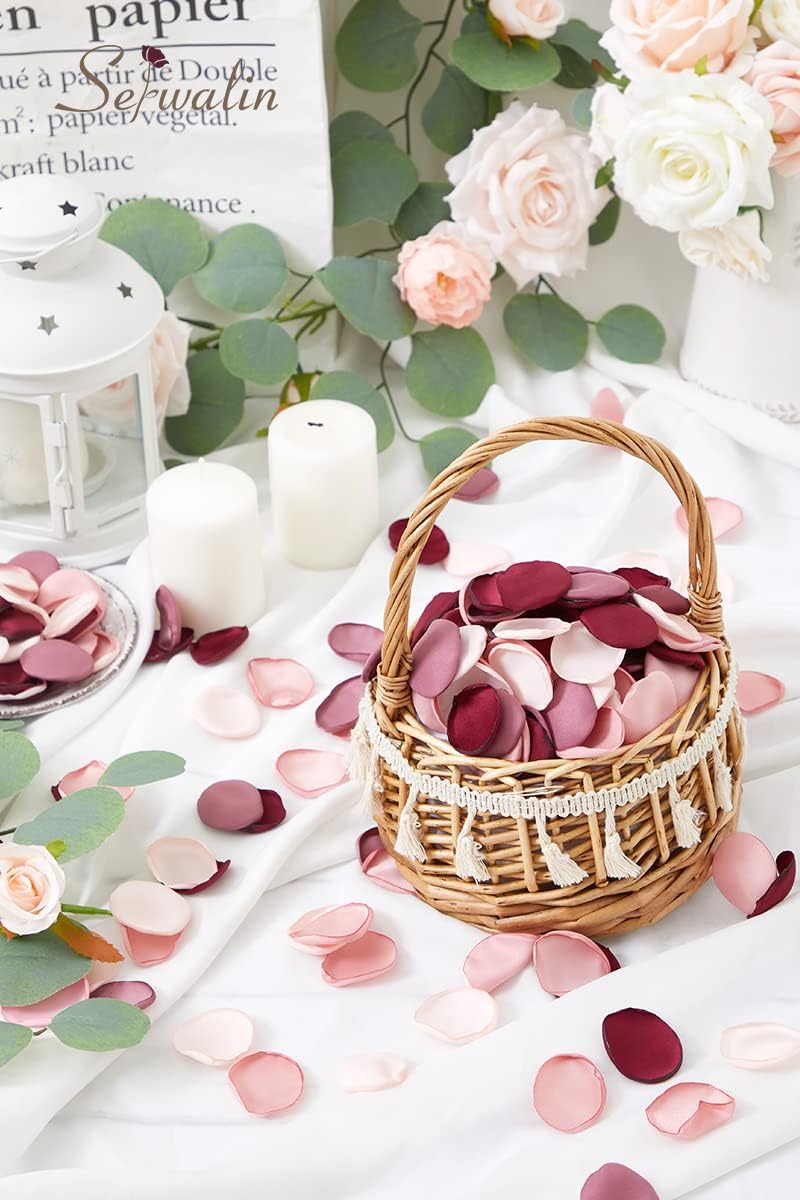Serwalin 300pcs Silk Rose Petals Artificial Flower Petals for Weddings Burgundy Pink Petals Fake Petals Flower Girl Petals for Proposal Basket Aisle Runner Bridal Shower (4 Color Mixes)