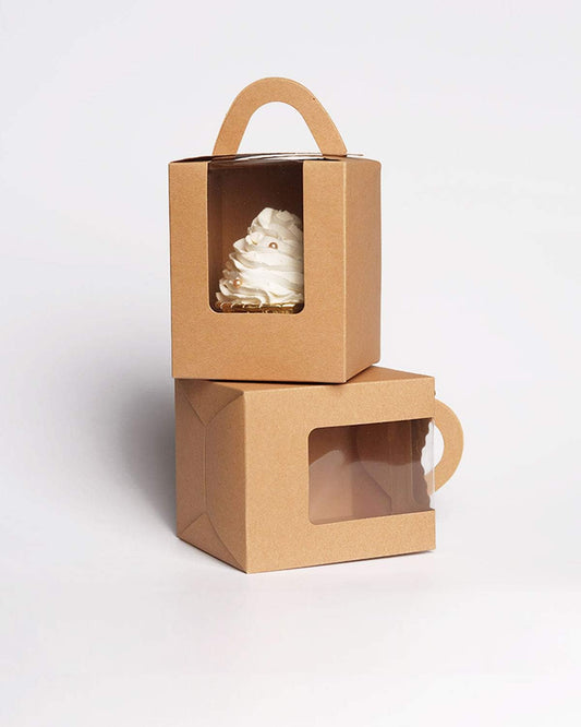 qiqee Kraft Cupcake Boxes 60 Packs Individual Cupcake Holders Disposable Brown Single Cupcake Boxes with Window 3.6 * 3.6 * 4.3inch Cupcake Containers