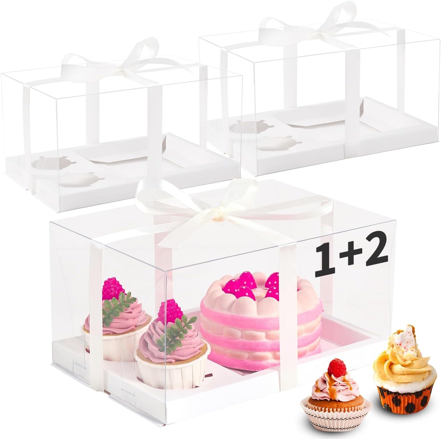 JCD 3 Pcs Cake Cupcake Combo Boxes,1+2 Cupcake carriers 2 Cupcakes Holes - Cakes and Cupcake Clear Boxes - Pastry Sweets Bento Boxes (2 Cupcakes and 1 Cake)(1+2/3Pcs)