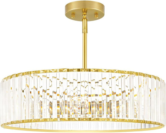 Gold Crystal Chandelier for Dining Room, 6-Light Modern Semi Flush Mount Ceiling Lighting Fixtures, Round Kitchen Fixtures Ceiling, Hanging Drum Pendant Lights for Living Room Bedroom Foyer, 19IN, E26