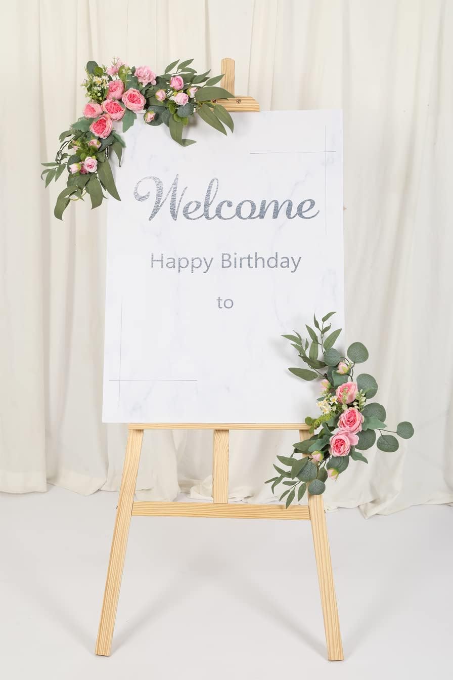 H&W 2pcs Artificial Wedding Arch Flowers for Wedding Sign, Floral Swag Dusty Decor for Reception Ceremony Backdrop Sweetheart Table(Willow Leaves-Peony-Pink)