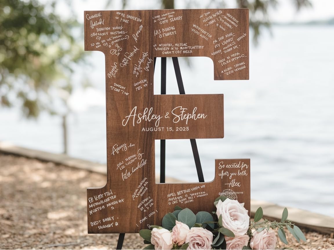 NAZENTI Wedding Guest Book Alternative Wooden Letter Personalized, Custom Initial Wedding Guest Book Alternative with Names, Wedding Guestbook for Guests to Sign, Letter Guest Book Wedding Reception