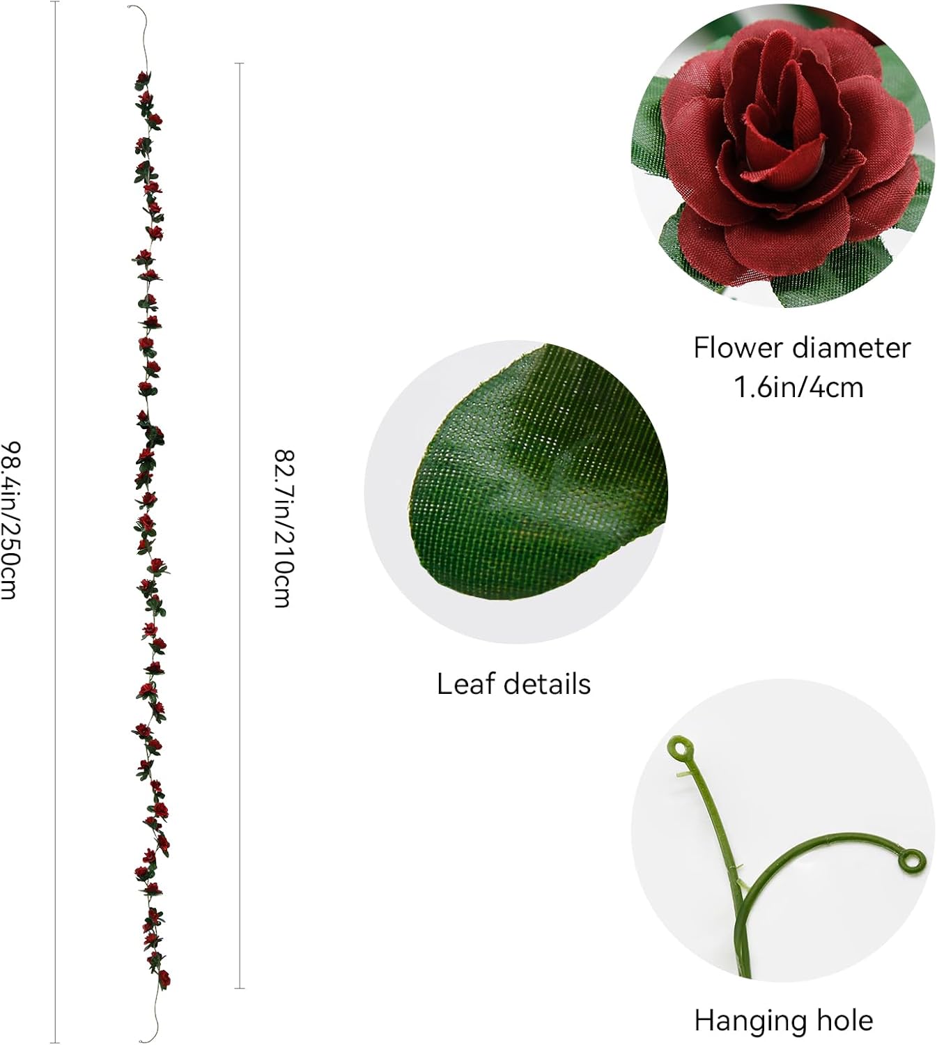 12 PCS 98.4 FT Artificial Flower Garland Red Rose Garland for Wedding Room Decor（12,Wine Red）