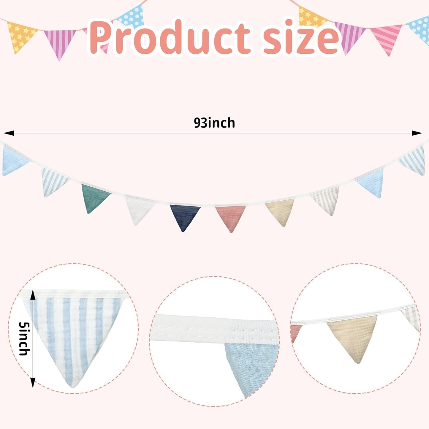 Oudain 15.5 ft Pennant Banner Flags, 2 Pcs Nursery Garland Triangle Bunting Flag Baby Banner for Nursery Decor Baby Birthday Boho Wedding Shower Party Event, Each 7.75 ft(Elegant Color)