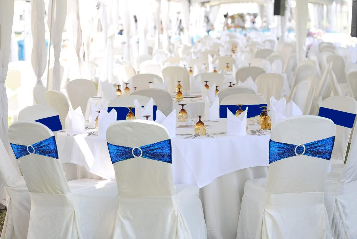 100 Pcs Sequin Chair Sashes Stretch Chair Bands Spandex Polyester Bows for Party Hotel Wedding Banquets Decoration - Royal Blue