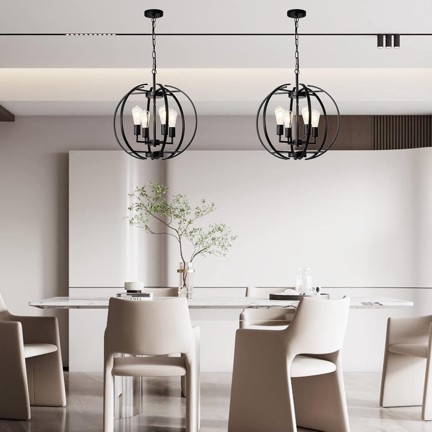 Large Lantern Globe Black Chandelier Lighting, Farmhouse Chandelier Adjustable Pendant Lighting Fixtures Hanging Ceiling 4 Light for Kitchen, Dining Room, Living Room, Hallway