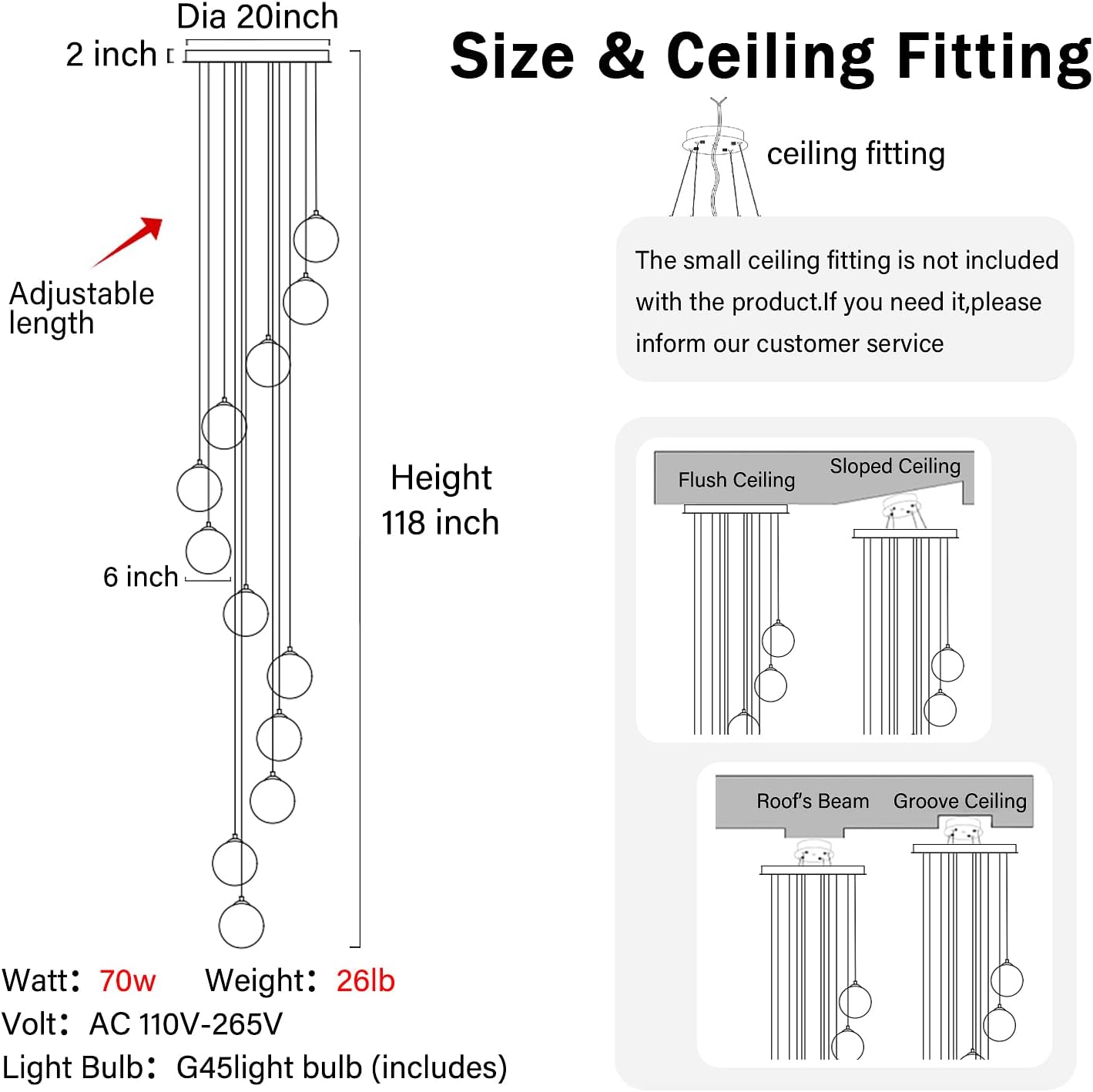 H118 Large Chandeliers for High Ceilings,12-Lights Mid Century Globe Chandelier Silver Modern Globe Pendant Light for Entryway Villas and Stairs