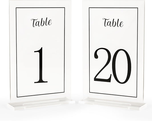 Acrylic Table Numbers 1-20 with Stand, Printed Black Font on 4x6 inch Acrylic, Clear Table Number Signs and Holders, Centerpiece for Events, Weddings, Reception, Party, Anniversary, and Decoration