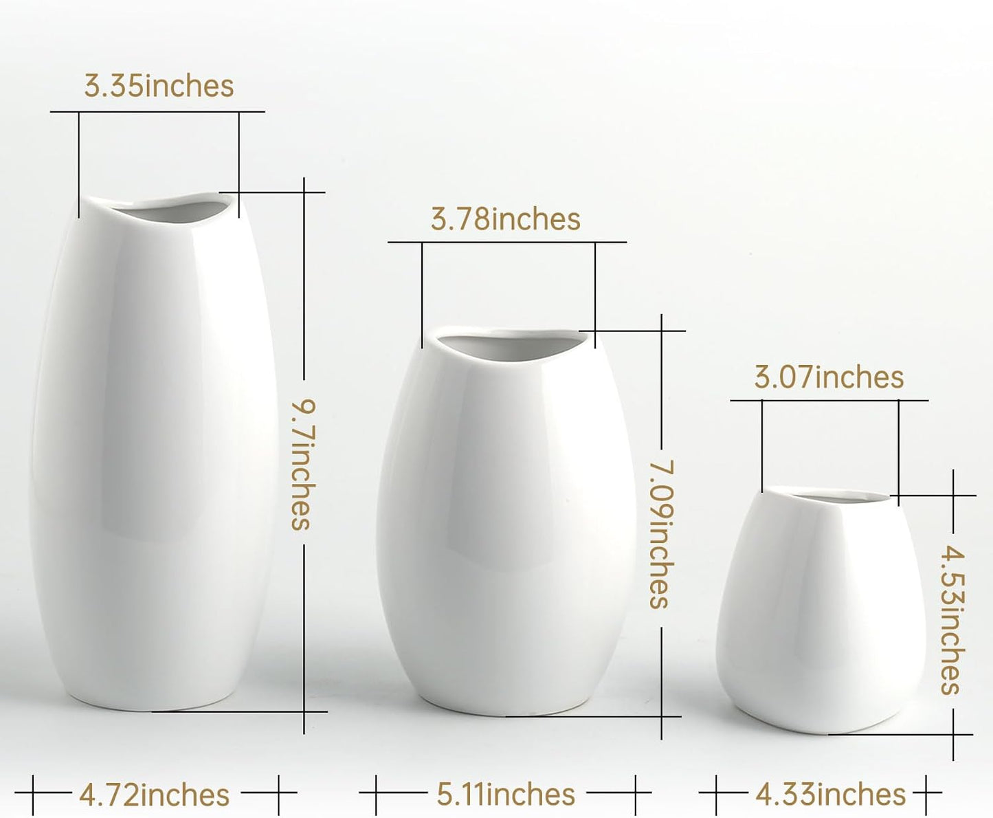 hjn Ceramic Vase Set of 3 White Flower Vase for Home Decor, Modern Decorative Vases for Flowers/Ideal Shelf Decor/Table/Living Room/Kitchen/Office-White