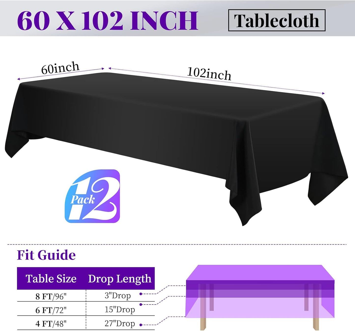 12 Pack 60 x 102 Inch Rectangle Tablecloth, Black Rectangle Tablecloth Polyester for 6 Feet Rectangle Tables, Washable Fabric Table Cloth for Wedding Dining Table Buffet Parties Camping