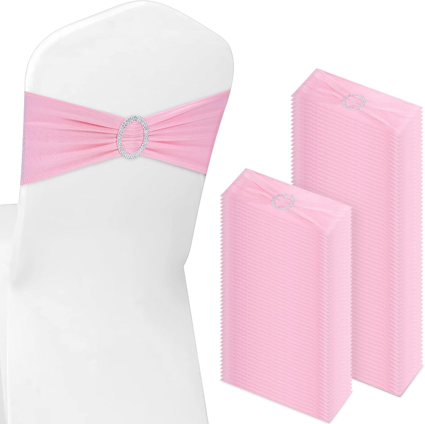 CHENGU 150 Pieces Spandex Stretch Chair Sashes Bows Elastic Chair Cover Bands Ties with Buckle Slider for Wedding Party Reception Events Universal Ceremony Banquet Decorations (Pink)
