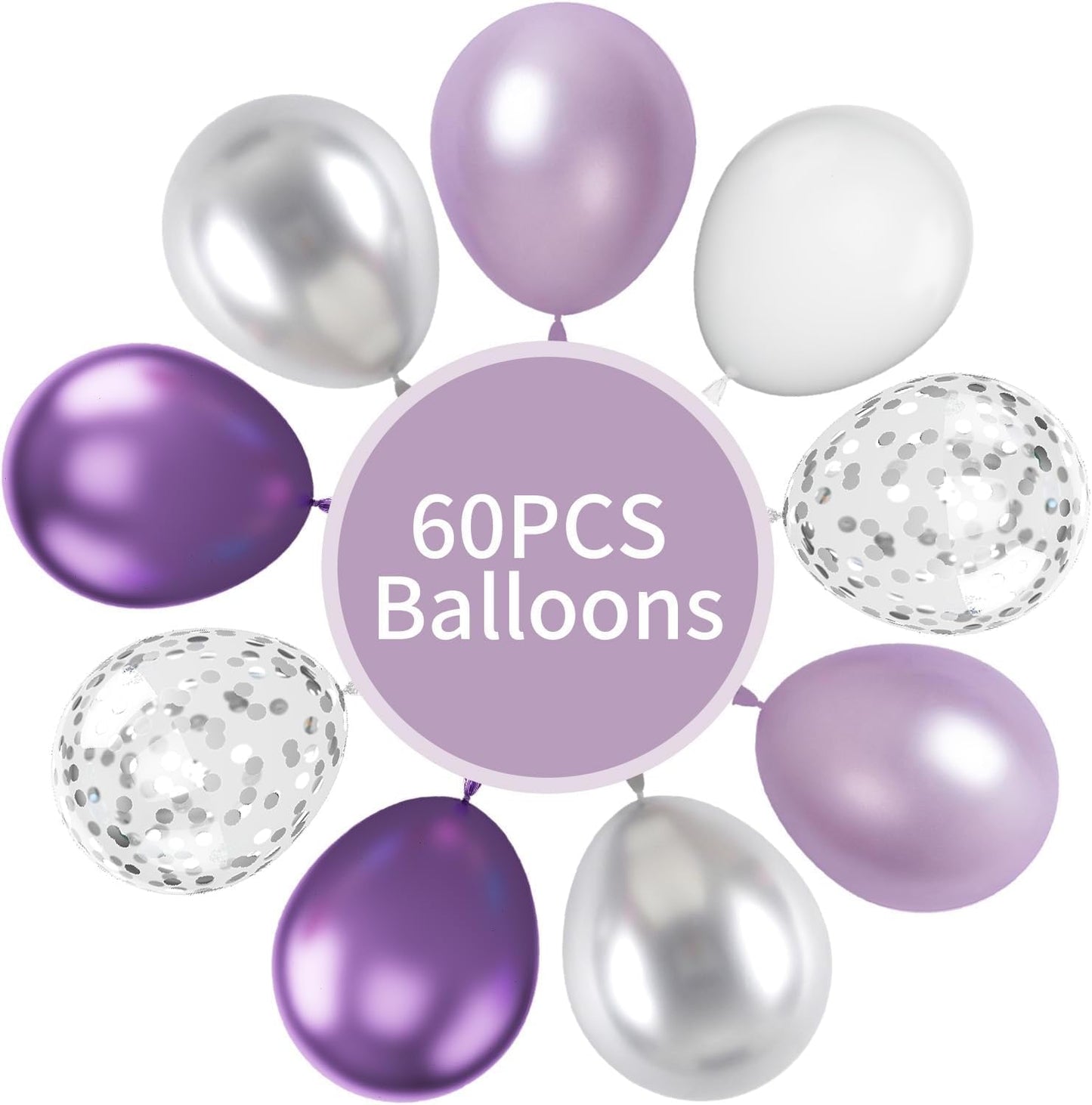 FunHot Silver and Purple Balloons, 60Pcs 12 Inch Metallic Silver Confetti and White Latex for Girls Women Birthday Wedding Baby Shower Party Decorations