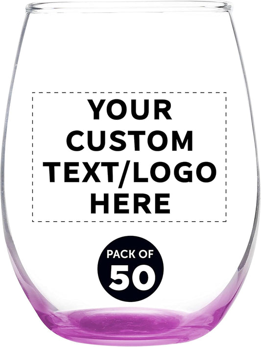 Custom Stemless Wine Glass 9 oz. Set of 50, Personalized Bulk Pack - Great for Wedding Favors, Bachelorette Party Decorations, Party Favors, Color Bottom - Pink