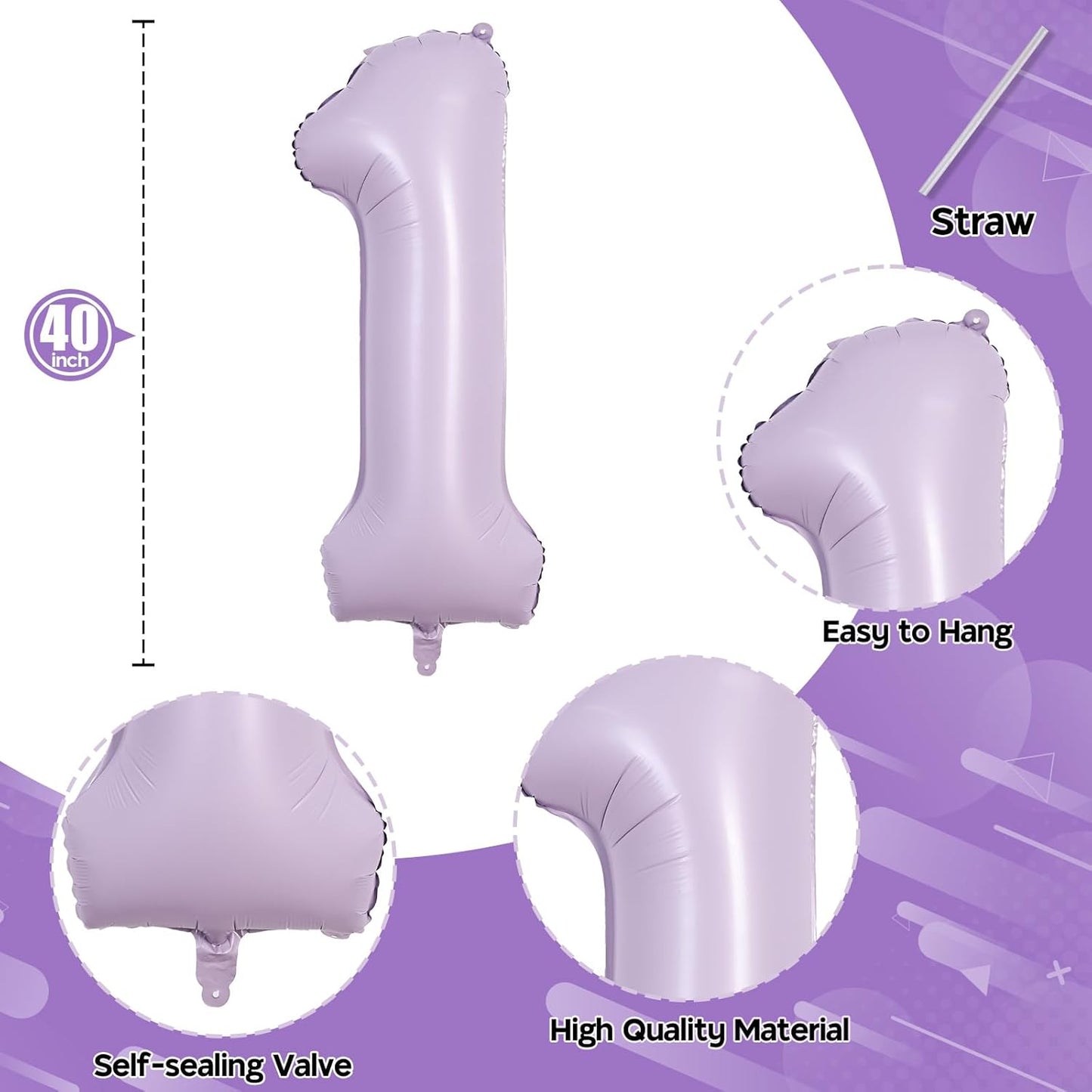 40 Inch Light Purple Number 1 Balloon for 1st Birthday Decoration, Large Pastel Purple Mylar Foil Number Balloons 0-9 for Girls, Lavender One Helium Balloons for Women 1st Anniversary Party Supplies