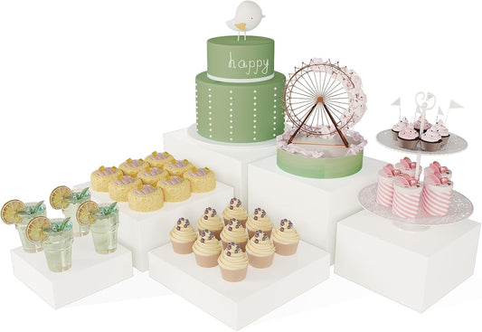 Buffet Risers, Food Risers for Buffet Table, Display Stand Shelf for Catering Dessert Collectibles Jewelry Figures Show, White Acrylic Cube Display Nesting Risers with Hollow Bottoms