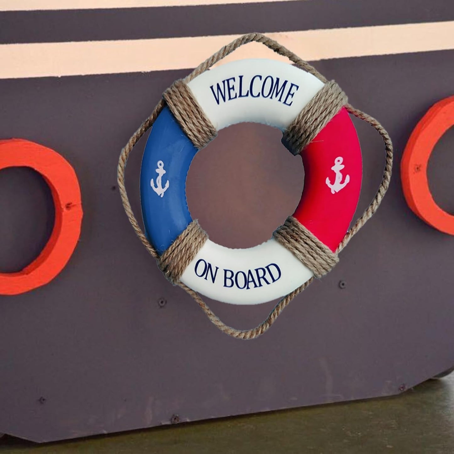 MorroMorn Lifebuoy Wall Hanging Decor - Welcome Aboard Mediterranean Style Home Decoration Hemp Rope (Red & Blue, 10")