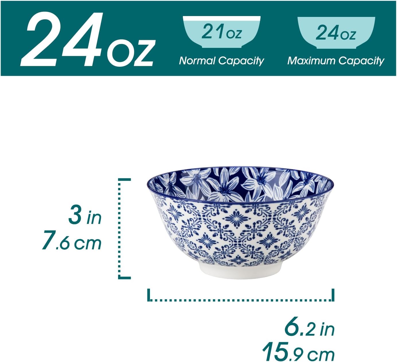 vancasso SELENE 24 oz Cereal Bowls set of 6, Ceramic Soup Bowls for Kitchen, Dishwasher & Microwave Oven Safe- for Cereal, Soup, Pasta, Salad, Blue & White Floral Design Bowl Set