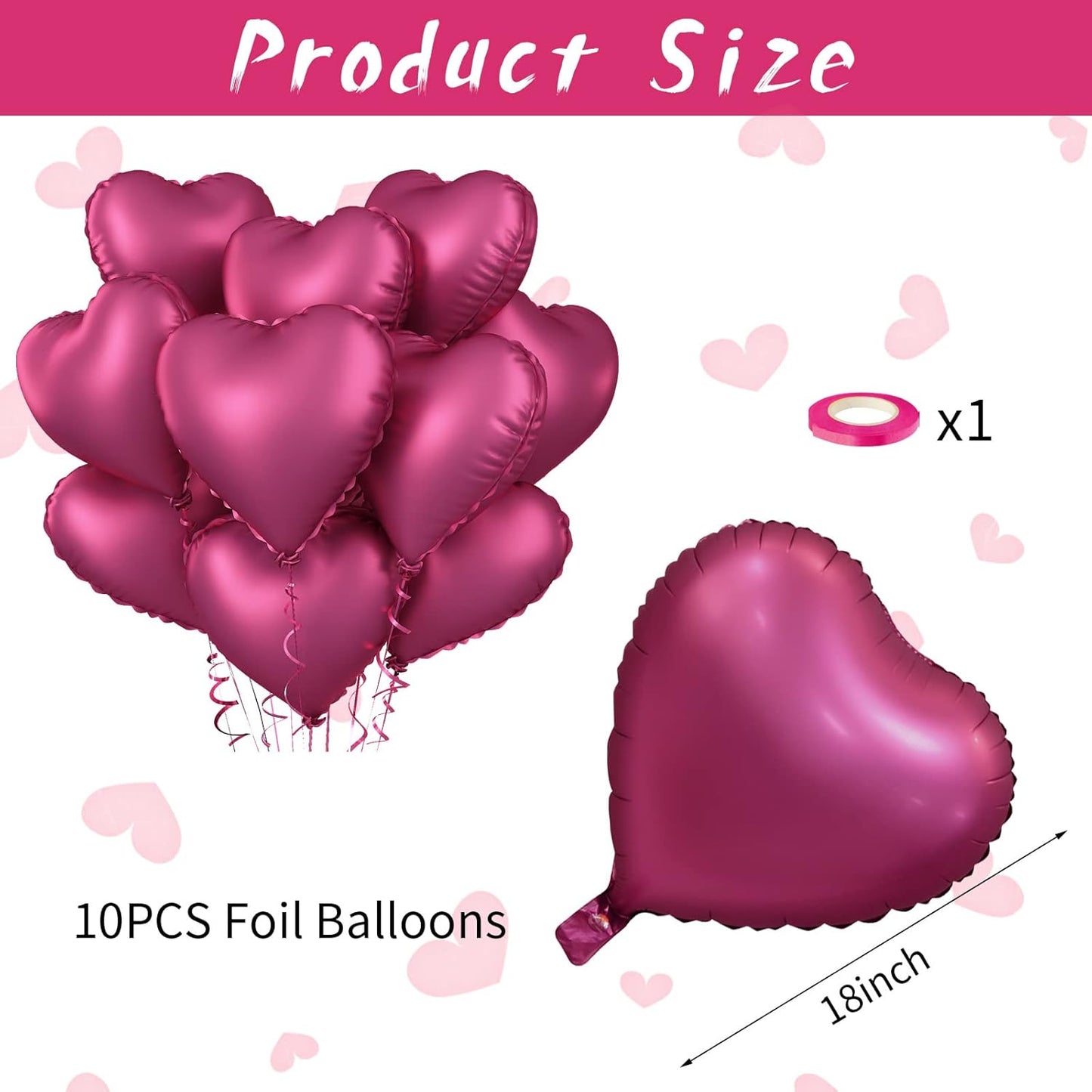 Biapian Foil Heart Balloons, 10PCS Pink Heart Shape Balloons Valentines Balloons 18inch Rose Red Foil Balloons for Helium Birthday Decorations for Girls Women for Valentines Day, Wedding, Anniversary