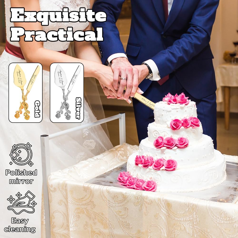 Engraved Personalized Gold Wedding Cake Knife and Server Set - Custom Bridal Cake Serving Gift for Anniversary, Engagement, Birthday Gift