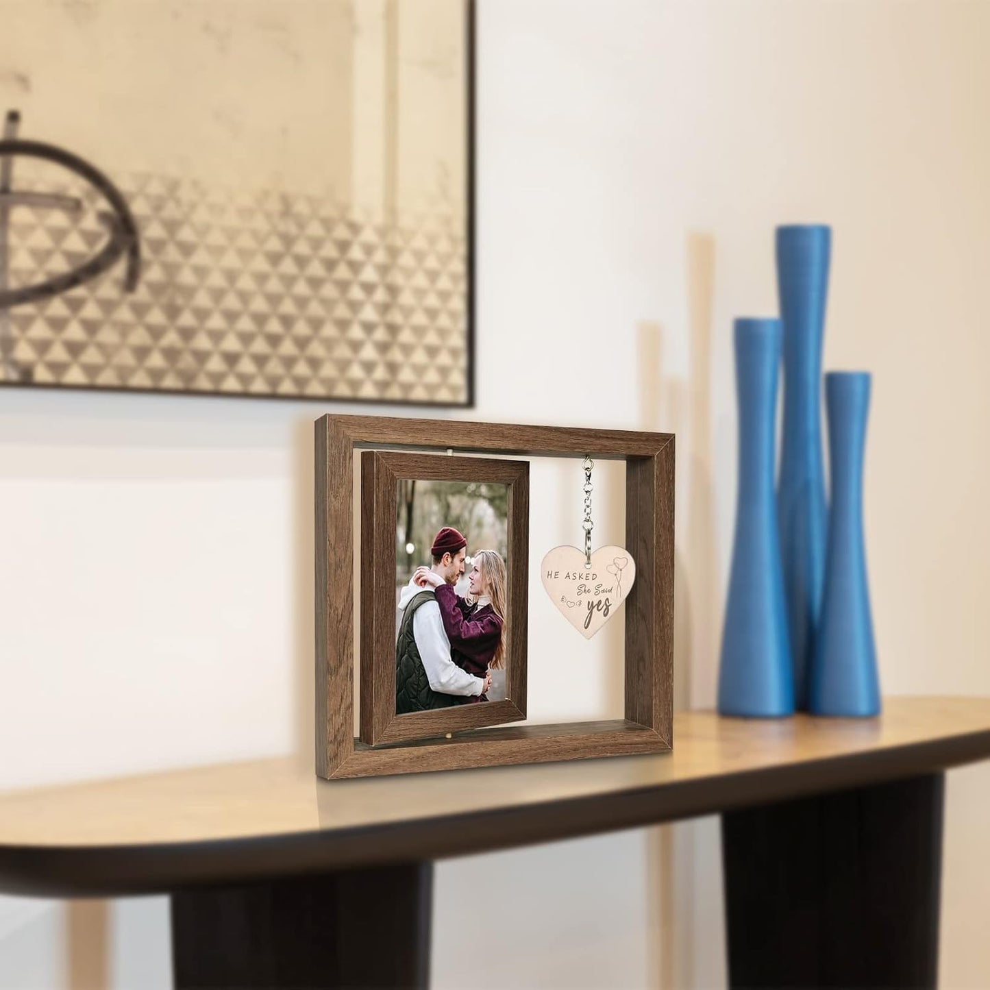 He Asked She Said Yes Engagement Gift Picture Frame, Wood Engagement Gifts for Couples Newly Engaged Unique, Display Two 4x6