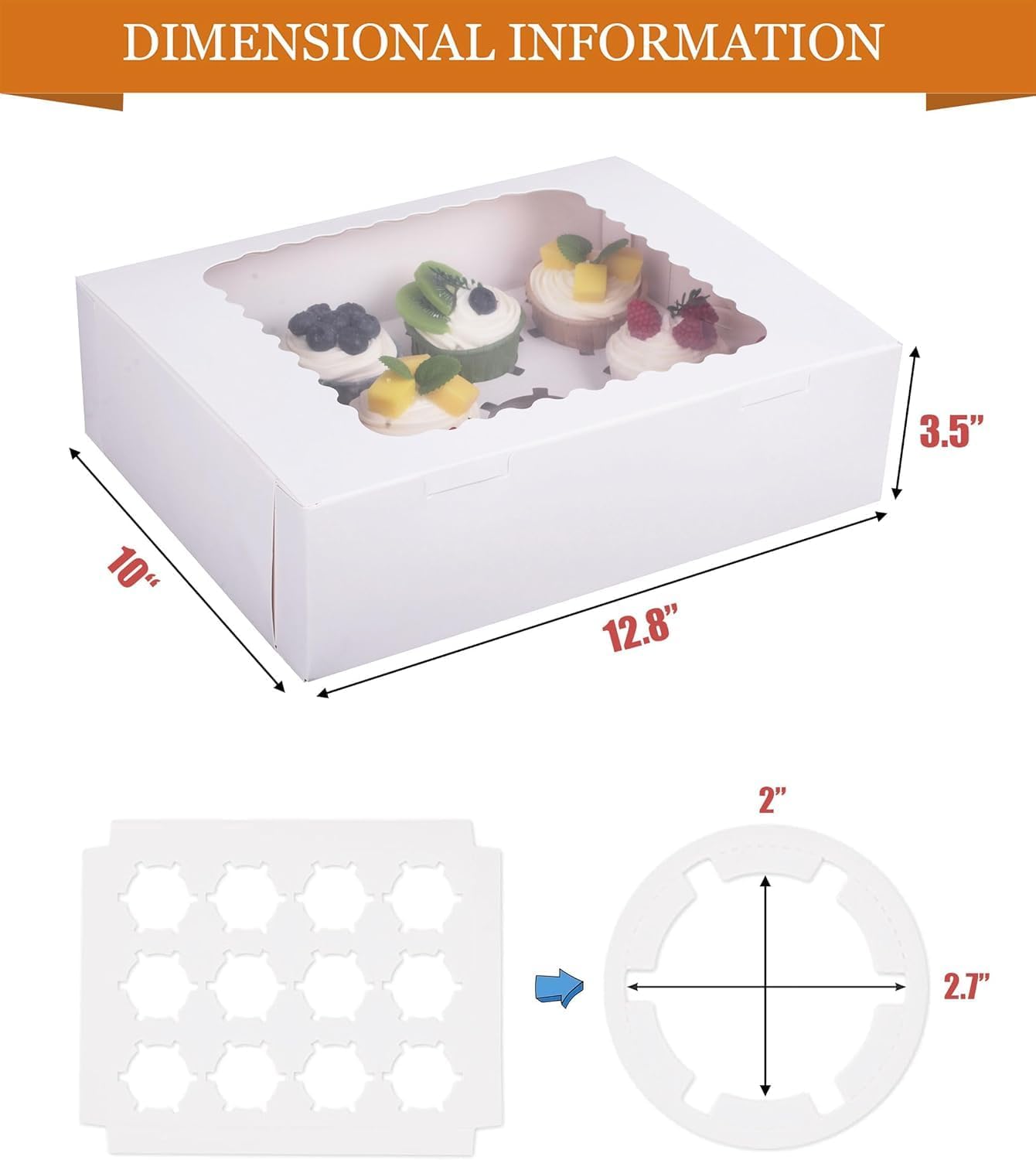 12-Set Cupcake Boxes Hold 12 Standard Cupcakes, Food Grade Cupcake Holders Bakery Carrier Boxes with Windows and Inserts for Cupcakes, Muffins and Pastries (White-12 Pack)