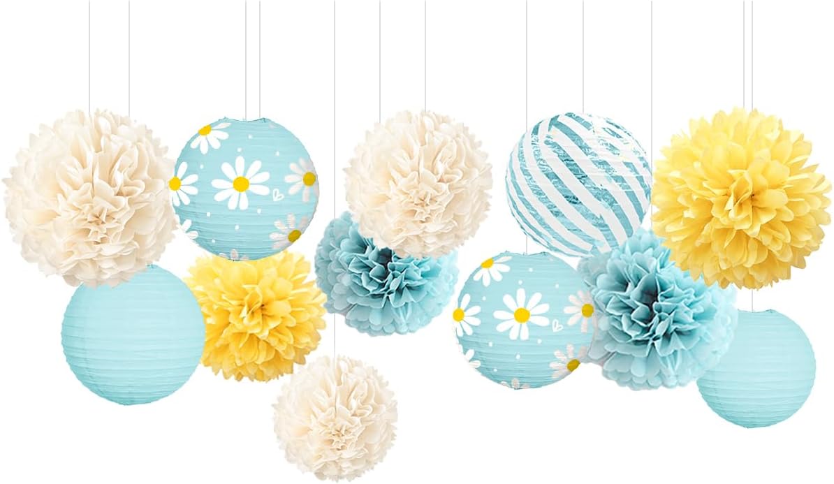 NICROLANDEE Daisy Birthday Party Decorations, 12 PCS Pastel Yellow Blue Paper Lanterns Tissue Pom Poms Decor for Mother's Day, Daisy Theme Party, Garden Wedding Decorations