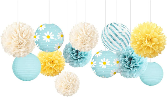 NICROLANDEE Daisy Birthday Party Decorations, 12 PCS Pastel Yellow Blue Paper Lanterns Tissue Pom Poms Decor for Mother's Day, Daisy Theme Party, Garden Wedding Decorations