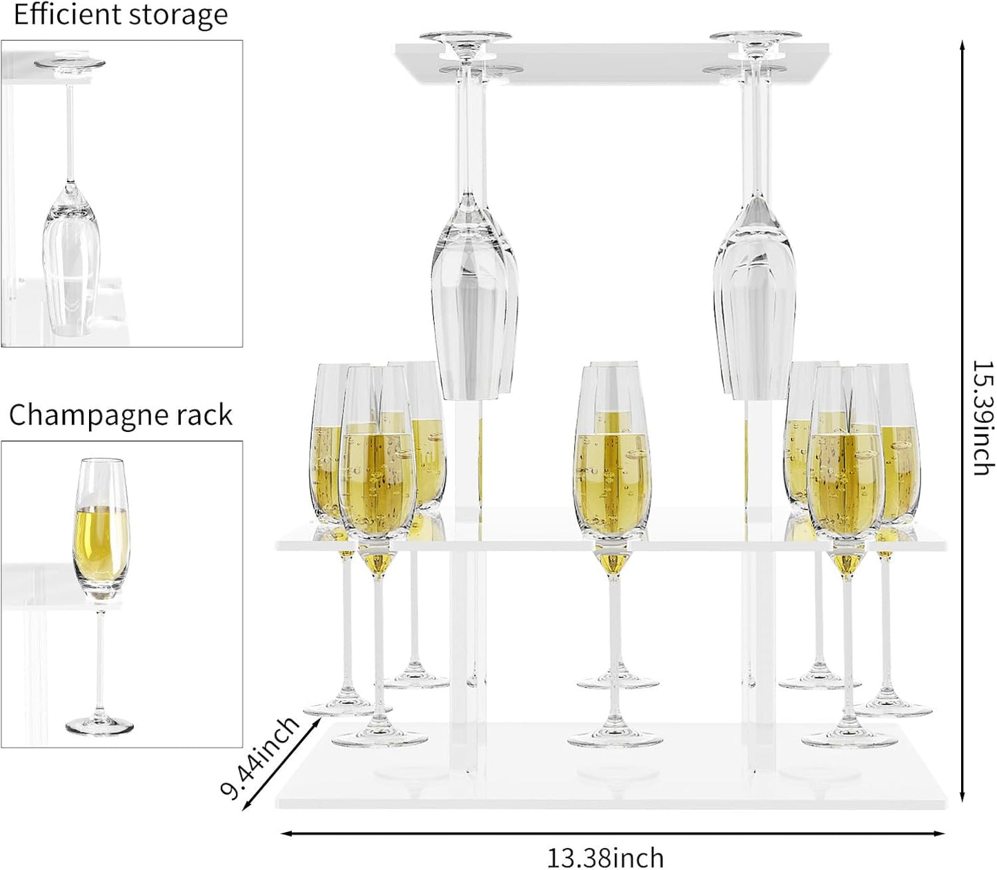 Champagne Tower, Rectangle Acrylic Champagne Display Rack Stand with 12 Slots, 2 Tiers Floating Sight Champagne Flute Holder for Party, Wedding, School, Celebration, 13.3x9.4x15.3 inch, 2 Pcs