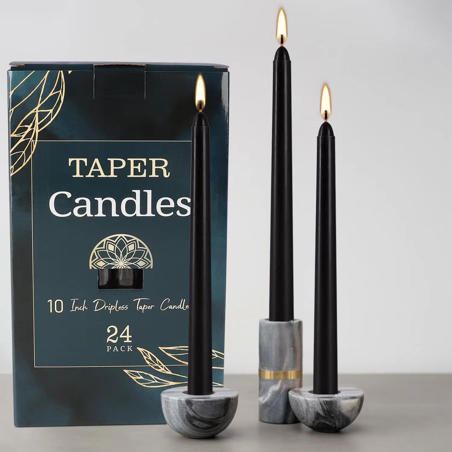 24 Pack Black Taper Candles, 7-8 Hours Burn Time, Unscented, Smokeless and Dripless, 0.75 x 10 Inch Dinner Candle Set for Halloween, Household, Wedding, Party and Home Décor Candlesticks