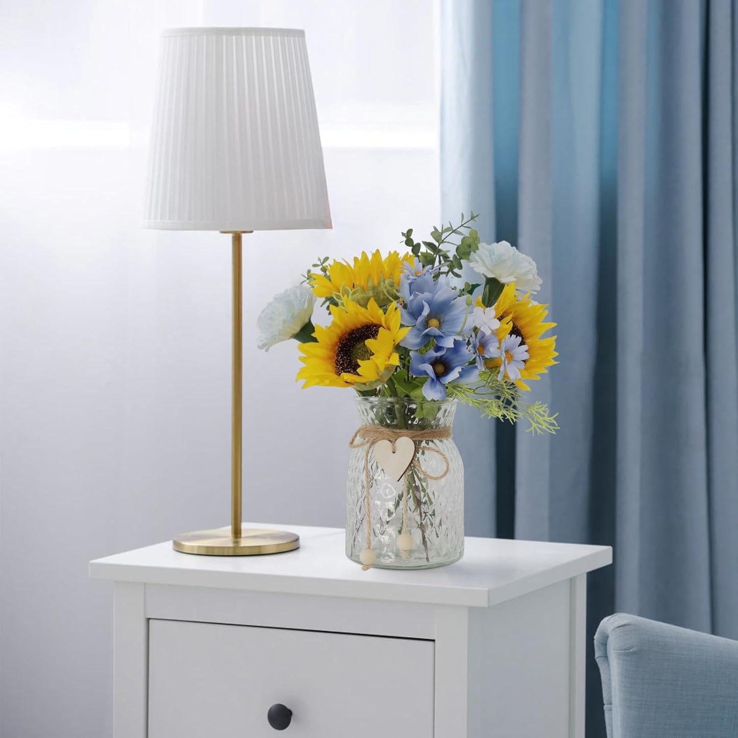 Leftover Faux Flowers in vase,Table centerpieces for Dining Room,Blue-Yellow Sunflower Flower centerpieces for Tables
