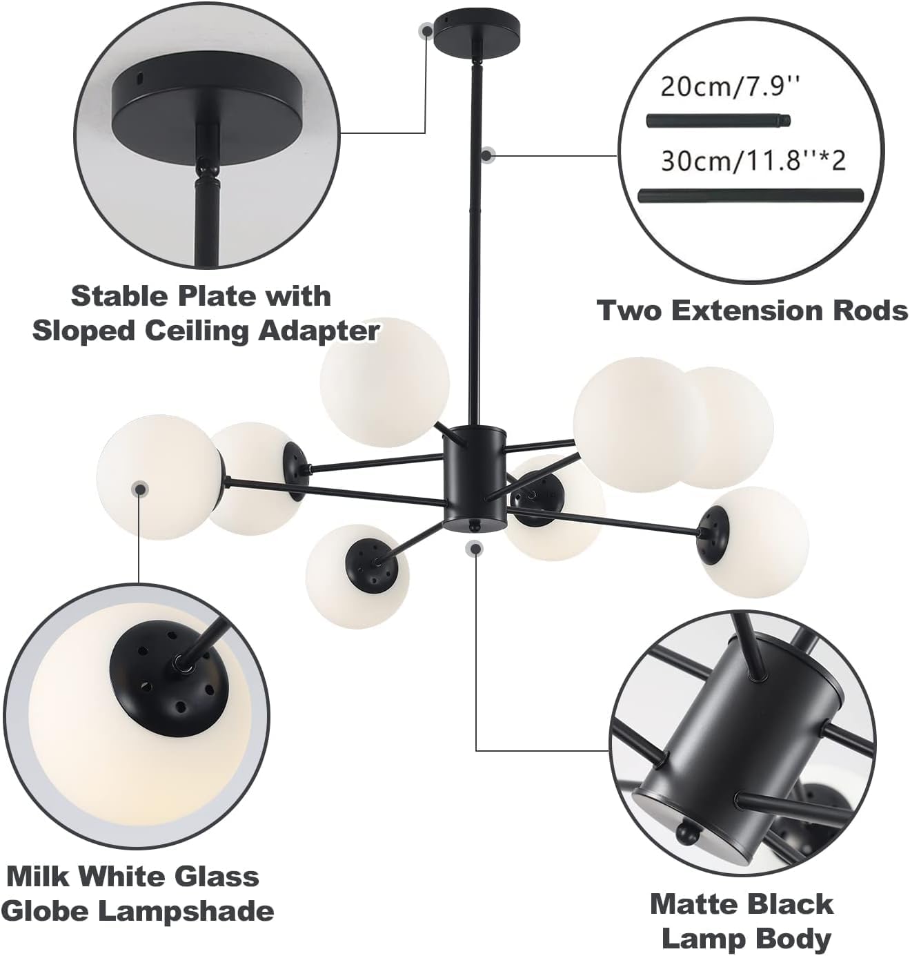 KCO Lighting Black Sputnik Chandelier Ceiling Mount 8-Light Glass Globe Sputnik Chandelier Mid Century Modern Chandelier Light Fixture Kitchen Island Sputnik (Black+White)