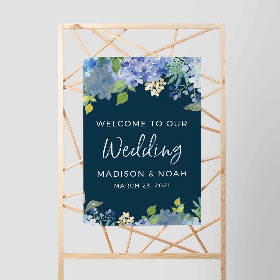 Andaz Press Personalized Extra Large Wedding Easel Board Party Sign, 12x18-inch, Baby Blue Hydrangea Floral Flowers on Navy Blue, Welcome to Our Wedding Bride Groom Name Date, 1-Pack, Custom