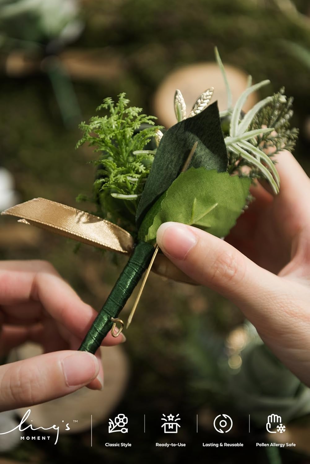 Ling's Moment Boutonniere for Men, 6pcs Groom Groomsmen Boutonniere, Artificial Flowers for Wedding Decor/Prom/Homecoming, etc.Green Beige