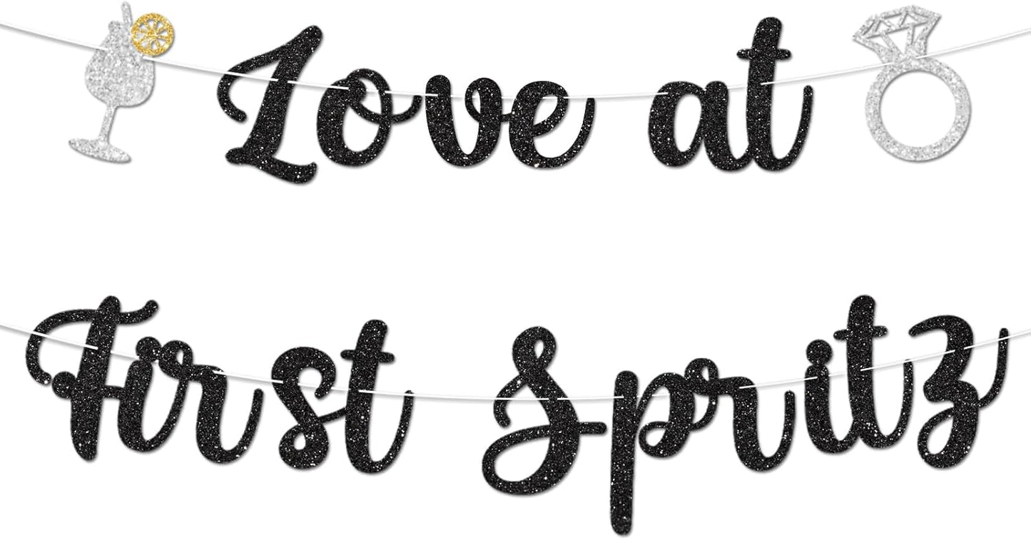 Love At First Spritz Wedding Banner - Bridal Shower Decorations, No Diy, Glitter Just Engaged Spritz Party Banners for Wedding/Engagement/Bachelorette Party Decorations Supplies, Black.