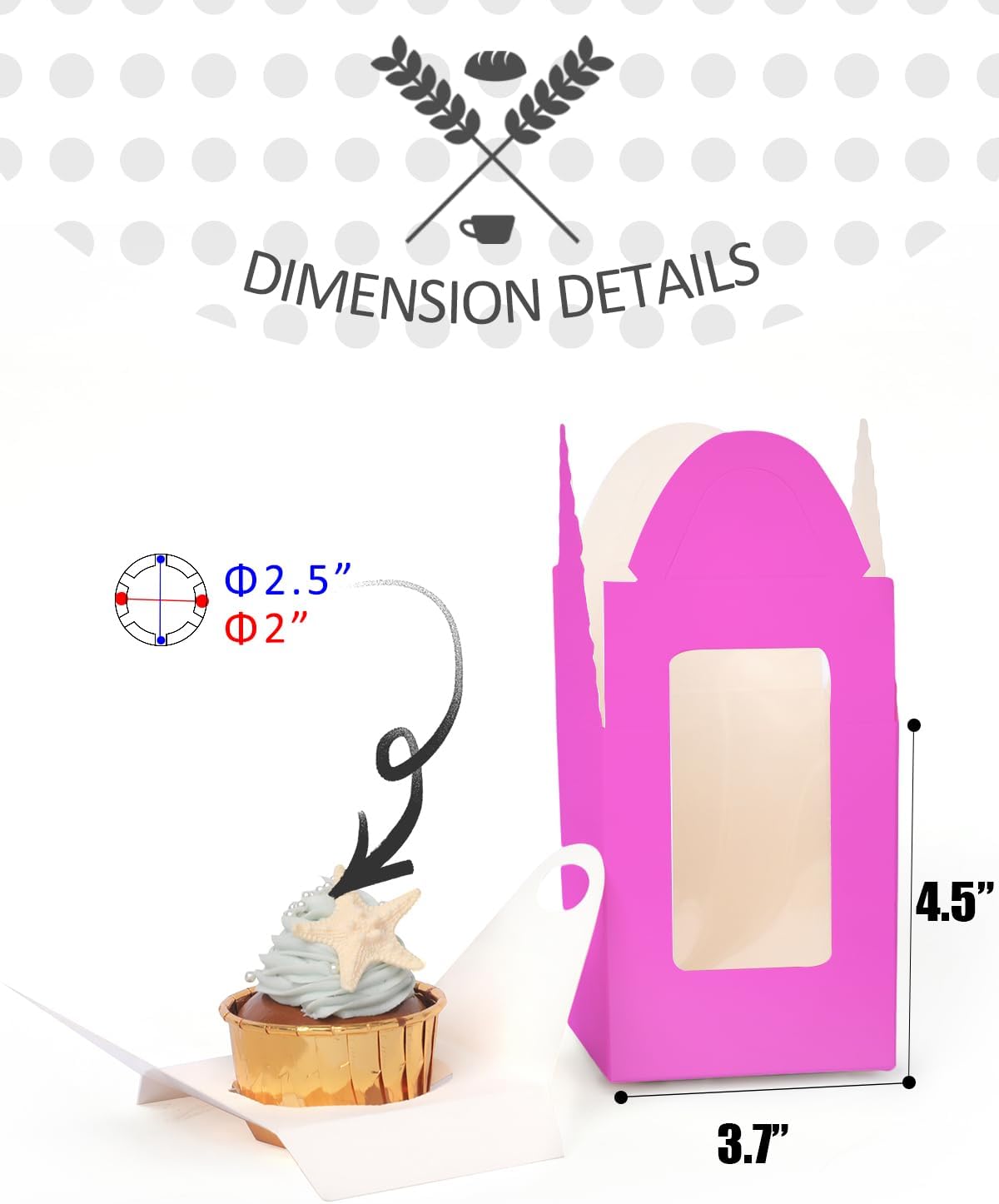 qiqee Roland Cupcake Boxes Individual Cupcake Holders Disposable 50pcs Single Cupcake Boxes with Window 3.7" 3.7"*4.5" Cupcake Containers