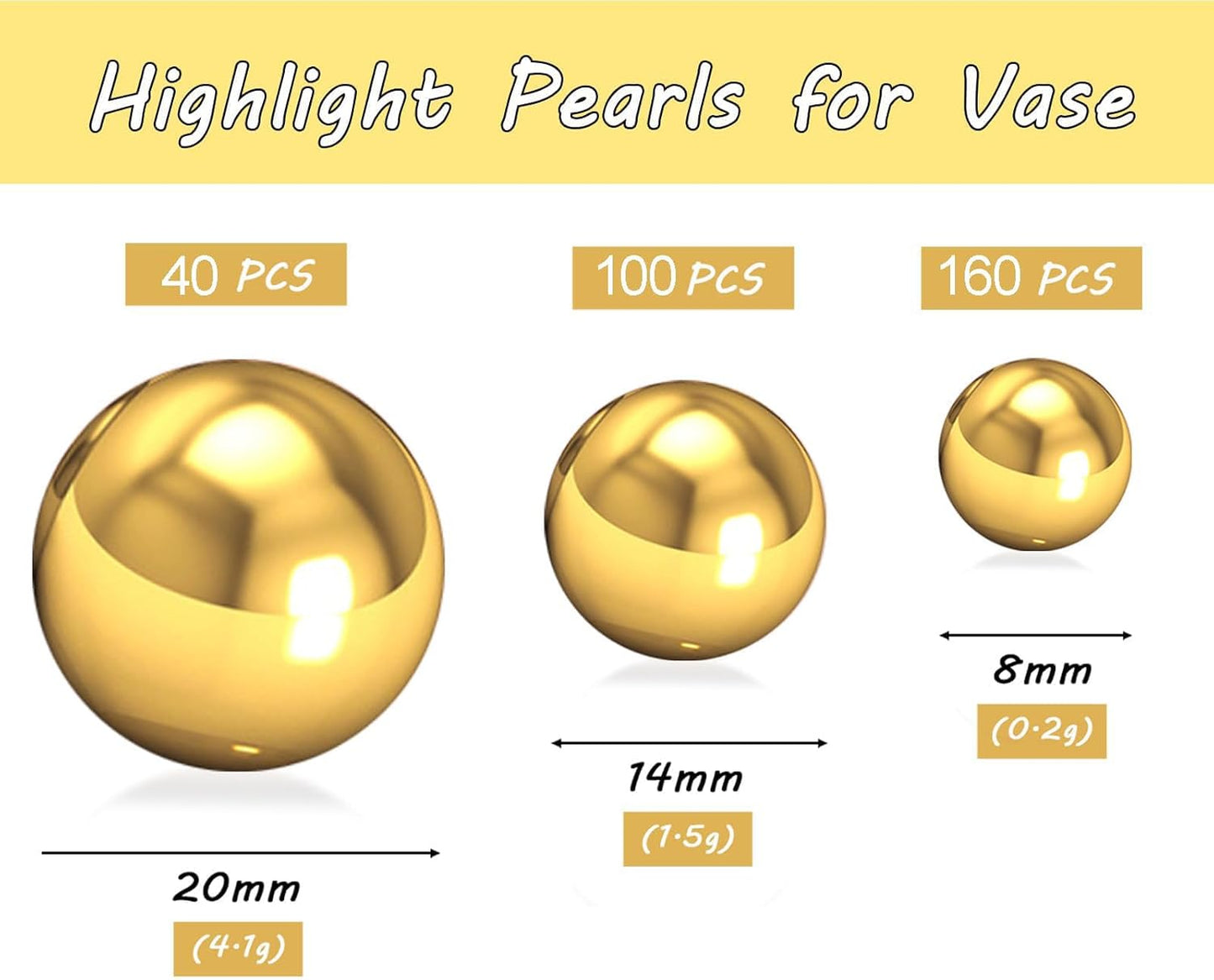300Pcs Brightgold Polished No Hole Faux Pearl Beads for Vase Filling Decorations, Plastic Pearls Vase Fillers, Table Scatters, Wedding Centerpiece, Home Decor, 8/14/20 mm