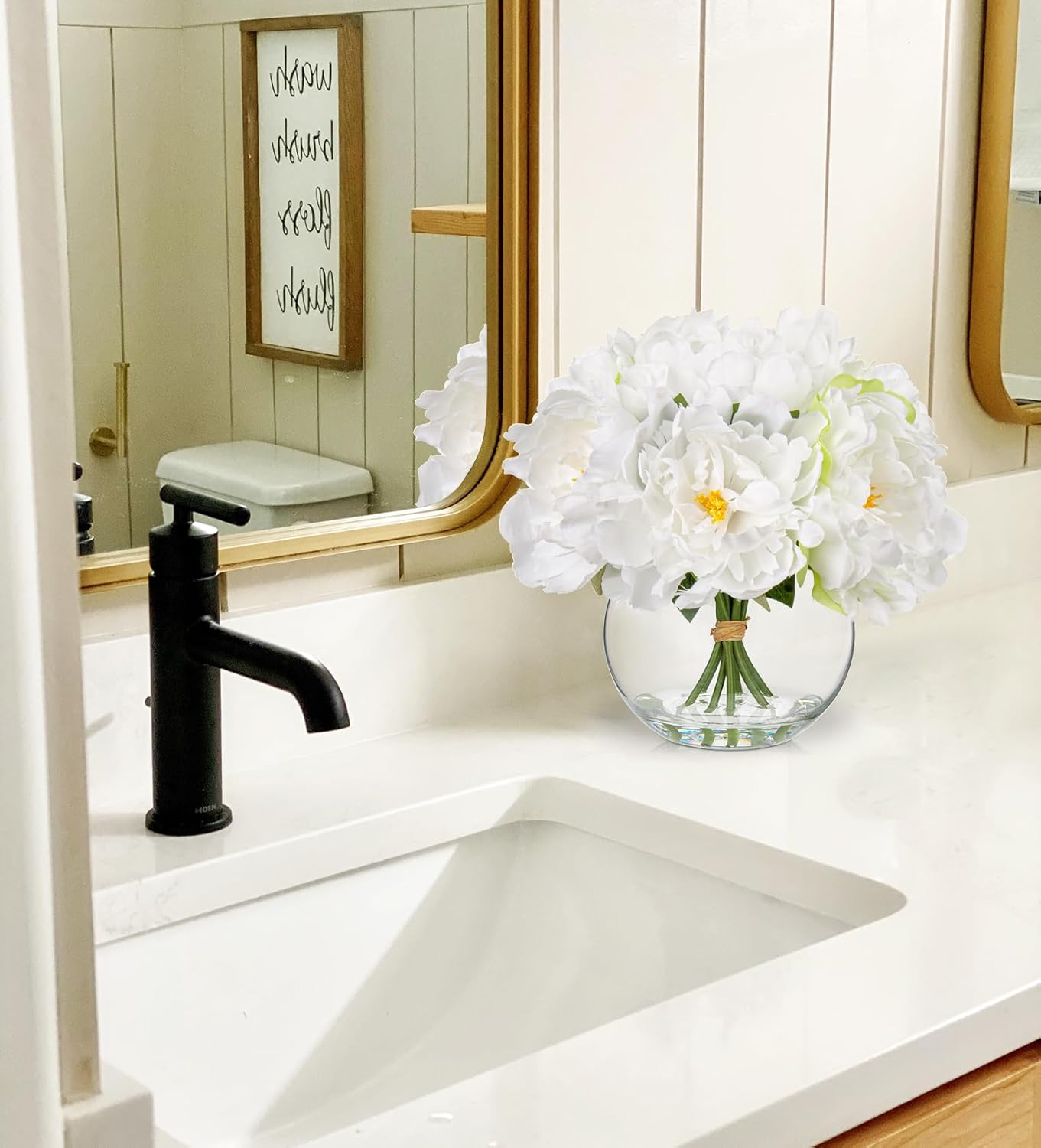 Fake Flowers in Vase White Peonies Artificial Flowers Real Touch Faux Flowers Large Peony Silk Flower Arrangements with Glass Vase with Faux Water for Home Decor Office Table Centerpiece Decorations