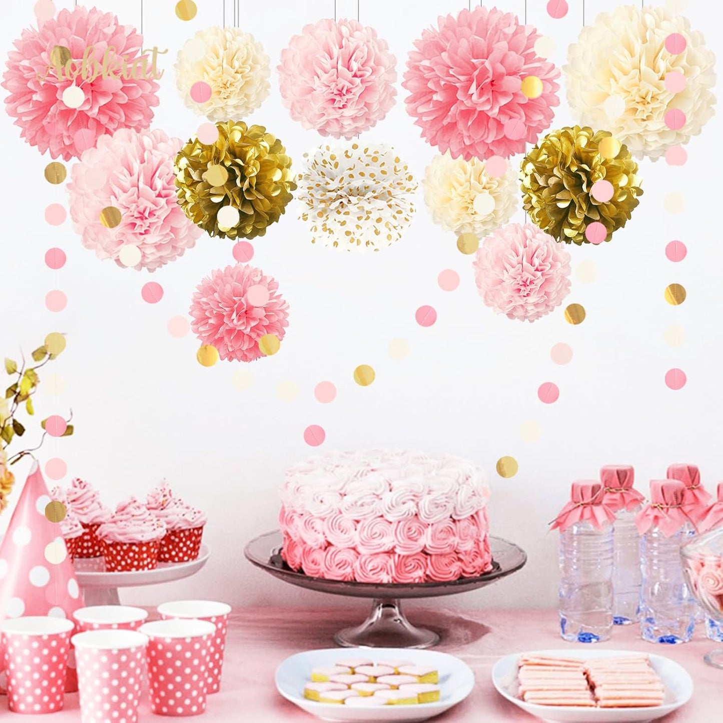 AOBKIAT Wedding Baby Shower Decorations Set,15PCS Pink Gold Tissue Paper Pom Poms,Circle Dots Colorful Paper Garland String Hanging Backdrop for Birthday Party,Gender Reveal Celebration Decor