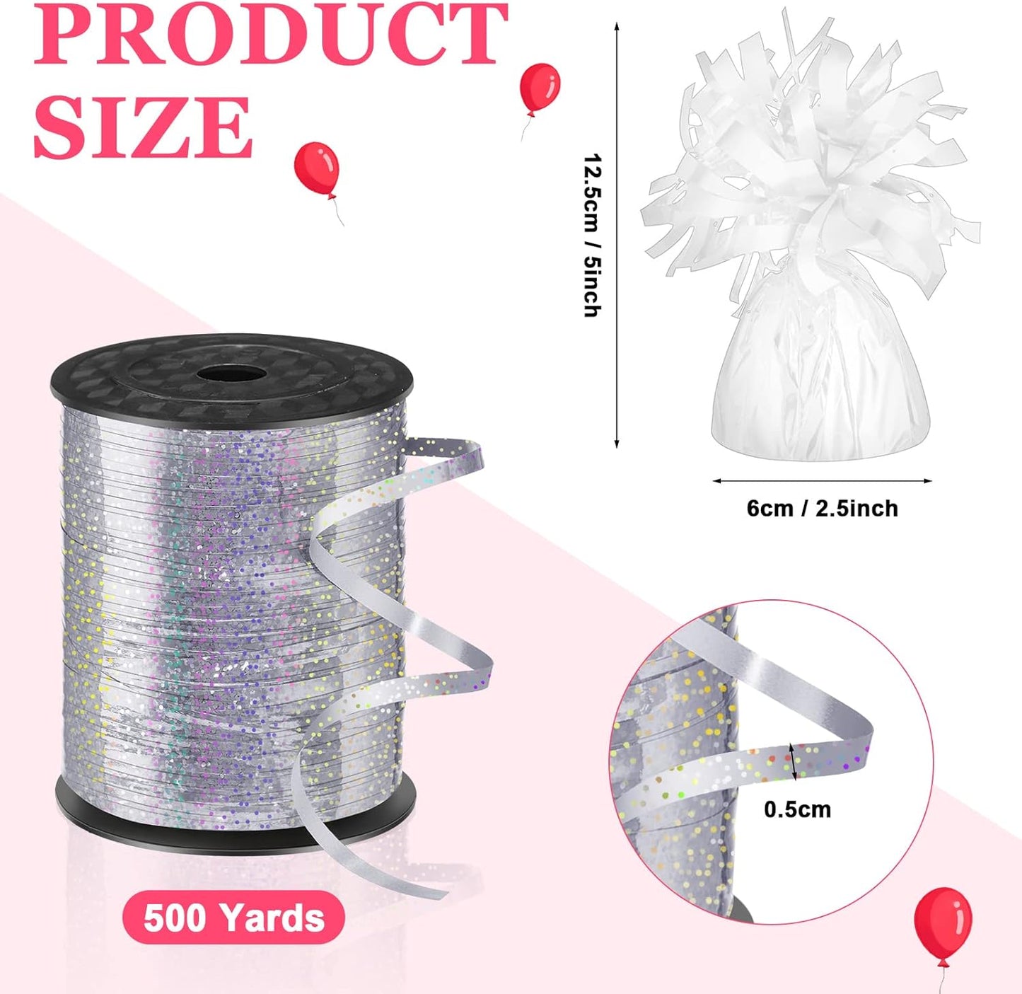 24 Pcs Balloon Weights Metallic Anchor Balloon Holder for Helium Balloons Heavy Table Weights and 1 Roll Iridescent Crimped Ribbon for Birthday Wedding Halloween Christmas Party(Silver, White)